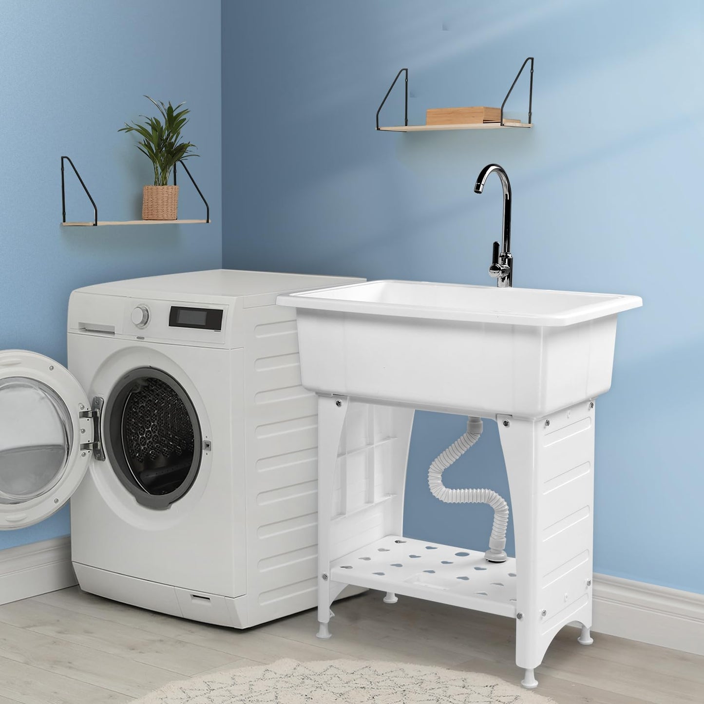 VINGLI Spacious White Utility Sink Laundry Tub for Laundry Room, Garage Washing Station, Slop Sink, Freestanding Sink with Stainless Steel Faucet, Drain, Storage Shelf and Removable Drainboard,White - CookCave