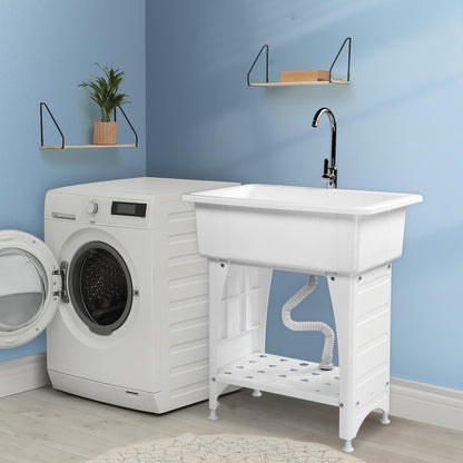 VINGLI Spacious White Utility Sink Laundry Tub for Laundry Room, Garage Washing Station, Slop Sink, Freestanding Sink with Stainless Steel Faucet, Drain, Storage Shelf and Removable Drainboard,White - CookCave