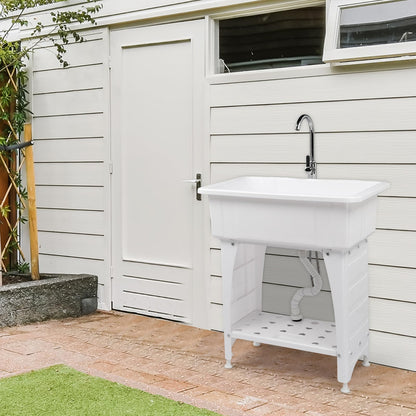 VINGLI Spacious White Utility Sink Laundry Tub for Laundry Room, Garage Washing Station, Slop Sink, Freestanding Sink with Stainless Steel Faucet, Drain, Storage Shelf and Removable Drainboard,White - CookCave