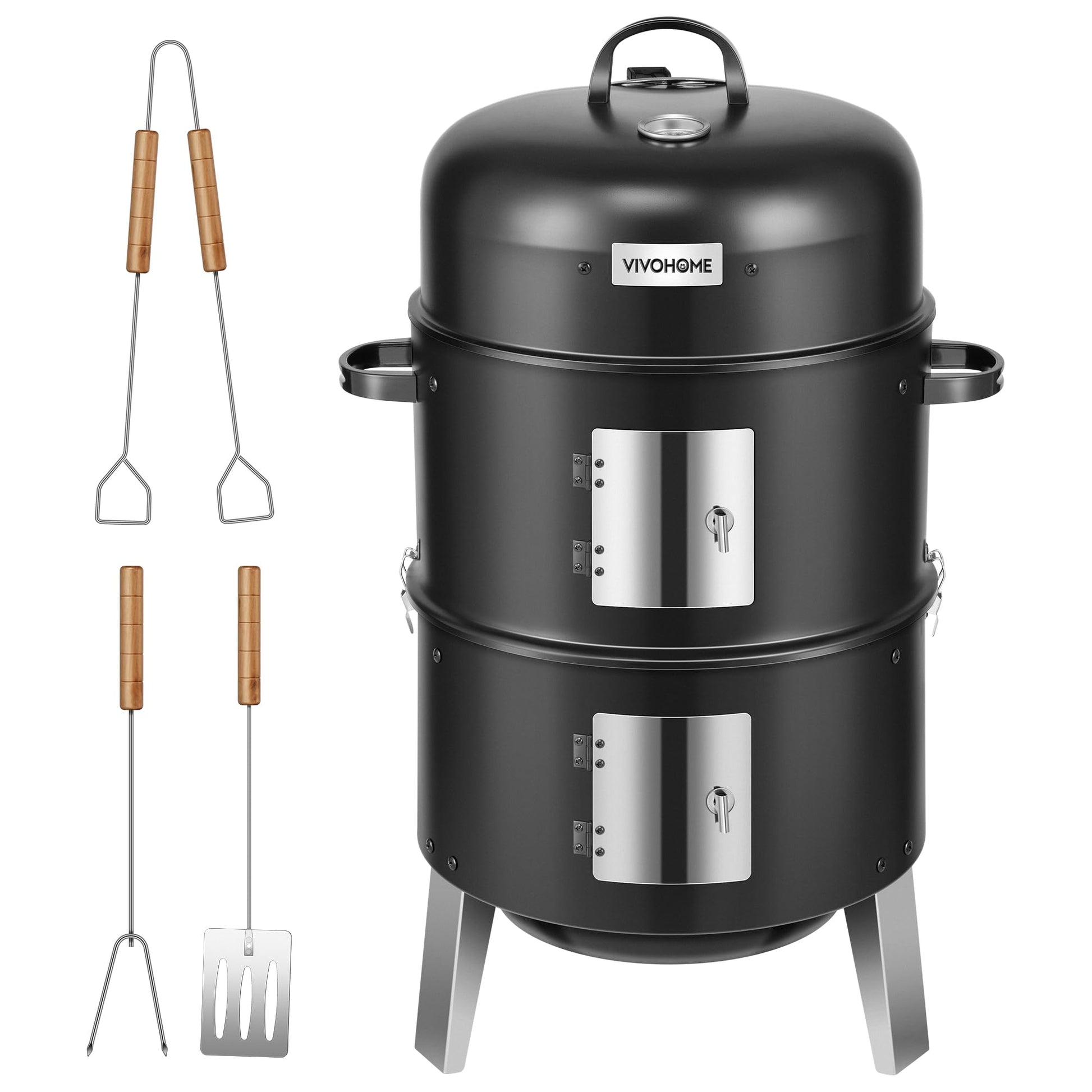 VIVOHOME 3-in-1 Vertical Charcoal Smoker, BBQ Smoker Grill with Built-in Thermometer, Air Vent, and 2 Access Doors, Idea for Parties, Backyard, Barbecues - CookCave