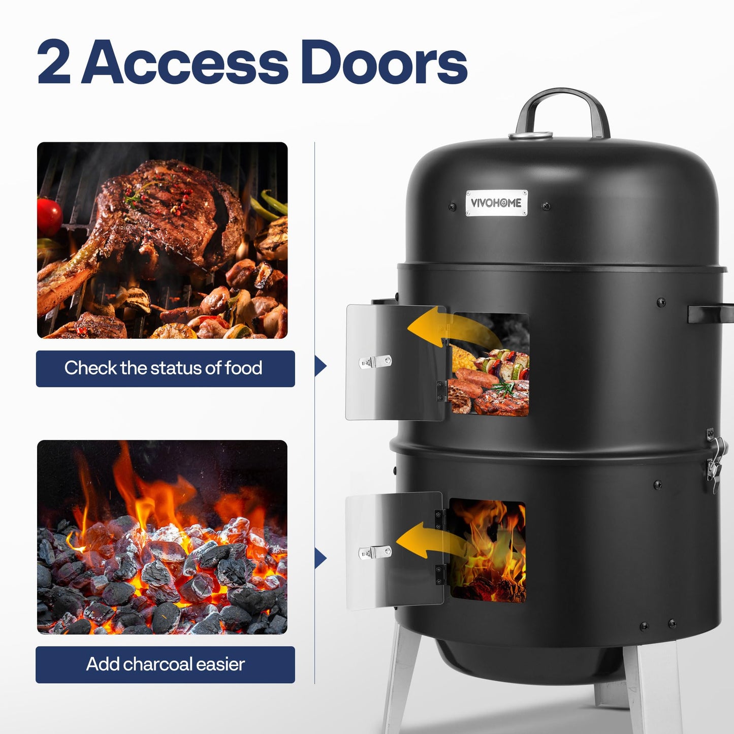 VIVOHOME 3-in-1 Vertical Charcoal Smoker, BBQ Smoker Grill with Built-in Thermometer, Air Vent, and 2 Access Doors, Idea for Parties, Backyard, Barbecues - CookCave