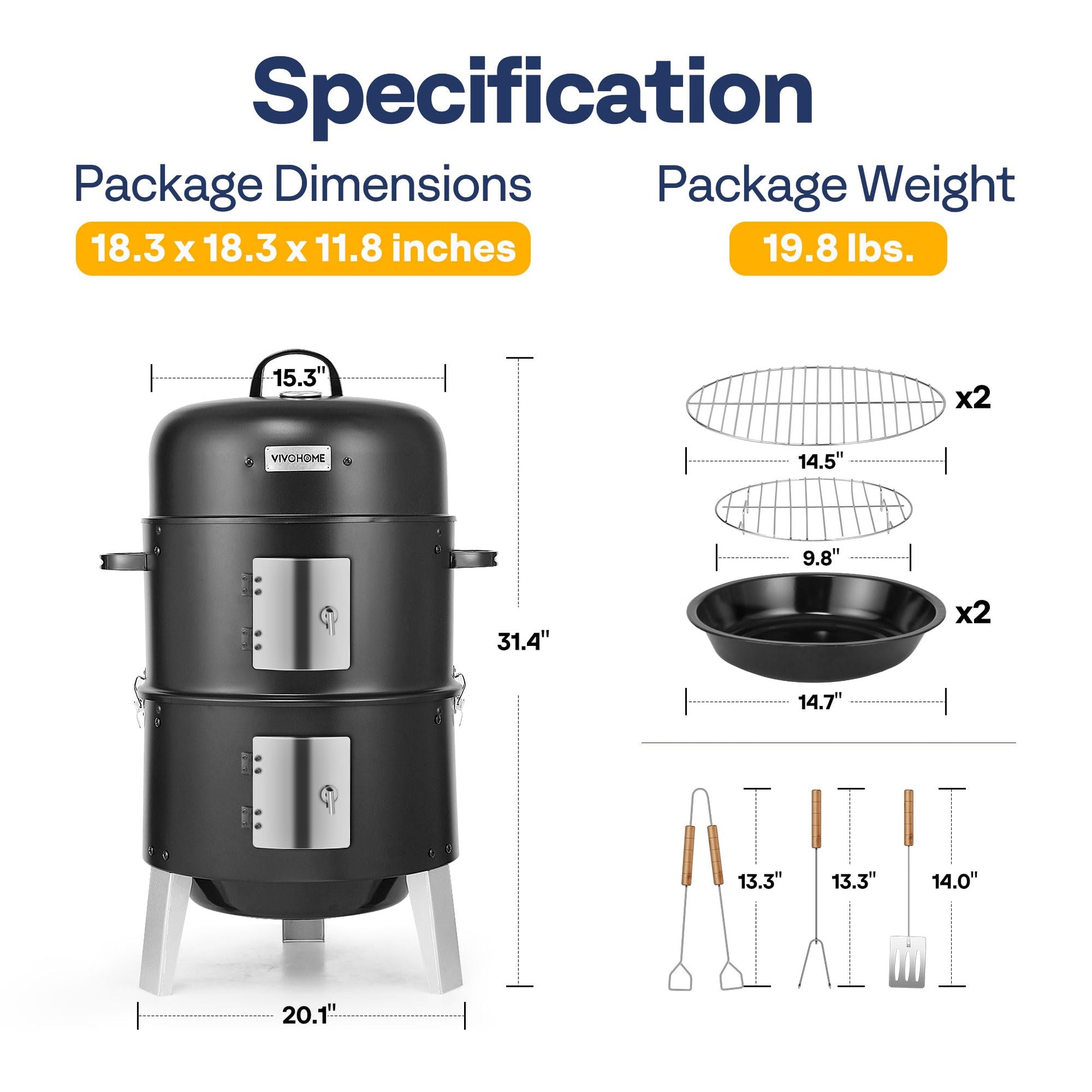 VIVOHOME 3-in-1 Vertical Charcoal Smoker, BBQ Smoker Grill with Built-in Thermometer, Air Vent, and 2 Access Doors, Idea for Parties, Backyard, Barbecues - CookCave