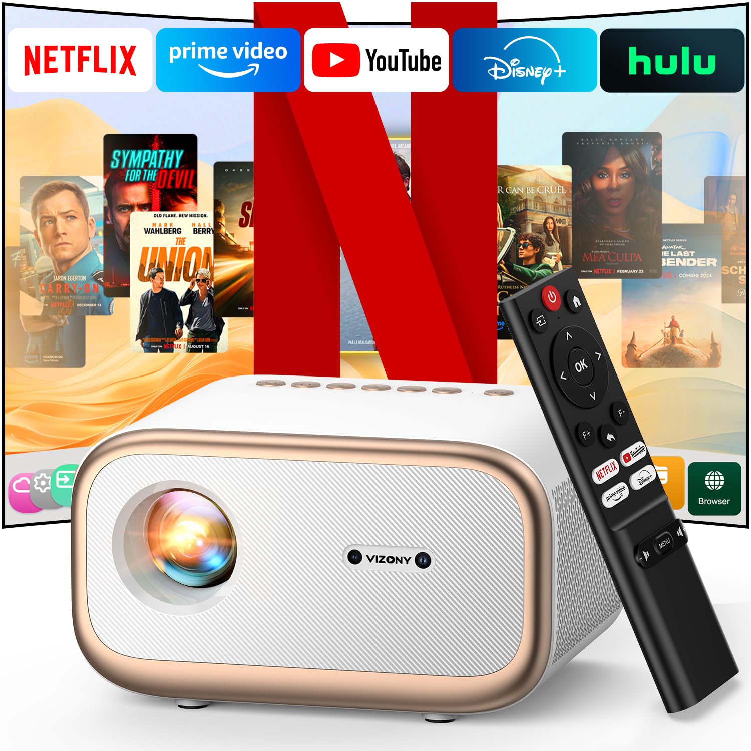 VIZONY E1 Pro Netflix-Certified Smart Projector, 550 ANSI Lumens, WiFi Bluetooth, Auto Focus & Keystone, Native 1080P & 4K Support, Full-Sealed Optical Engine, Portable Home Theater for Indoor/Outdoor - CookCave