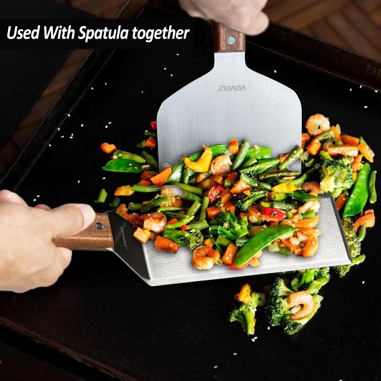 Vovoly Extra Wide Griddle Scraper, 5.5''x5.5'' Smashed Burger Scraper Grill Scraper Spatula Burger Turner - Full Tang Wooden Handle Professional Grade Grill Accessories, Knife Grade Stainless Steel - CookCave