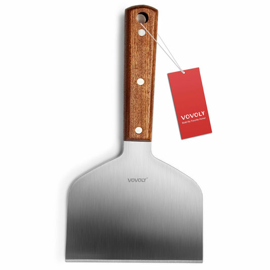 Vovoly Extra Wide Griddle Scraper, 5.5''x5.5'' Smashed Burger Scraper Grill Scraper Spatula Burger Turner - Full Tang Wooden Handle Professional Grade Grill Accessories, Knife Grade Stainless Steel - CookCave