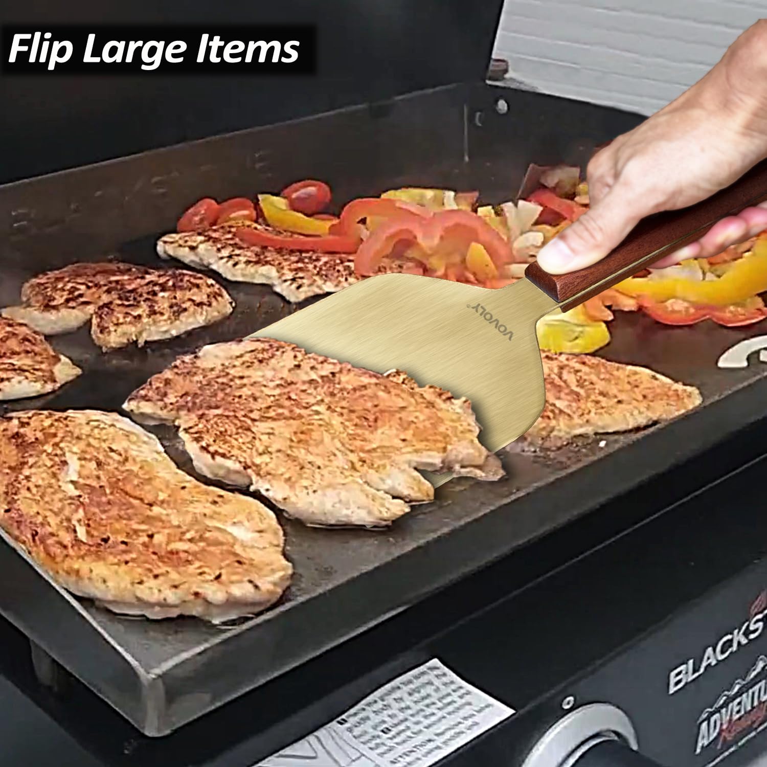 Vovoly Extra Wide Griddle Scraper, 5.5''x5.5'' Smashed Burger Scraper Grill Scraper Spatula Burger Turner - Full Tang Wooden Handle Professional Grade Grill Accessories, Knife Grade Stainless Steel - CookCave