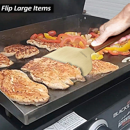Vovoly Extra Wide Griddle Scraper, 5.5''x5.5'' Smashed Burger Scraper Grill Scraper Spatula Burger Turner - Full Tang Wooden Handle Professional Grade Grill Accessories, Knife Grade Stainless Steel - CookCave