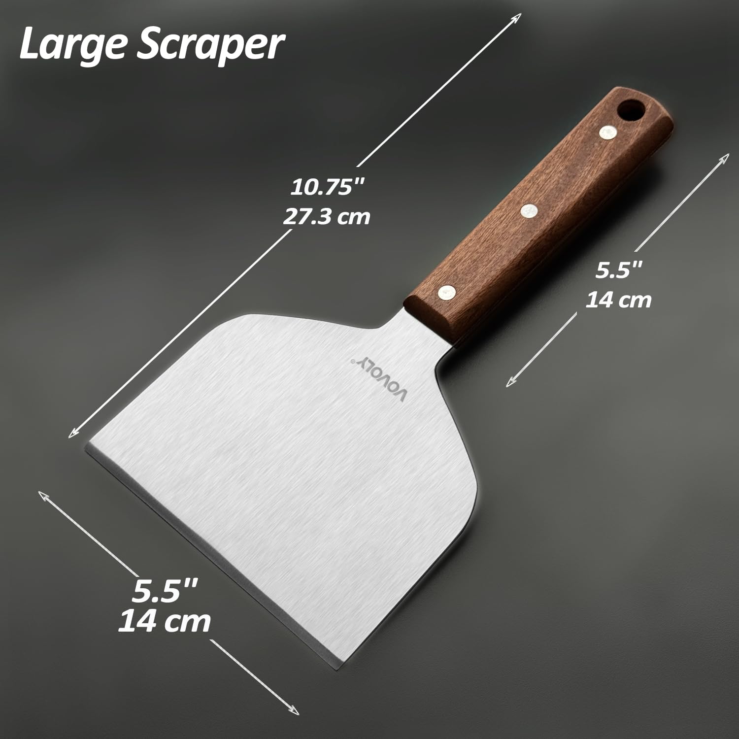 Vovoly Extra Wide Griddle Scraper, 5.5''x5.5'' Smashed Burger Scraper Grill Scraper Spatula Burger Turner - Full Tang Wooden Handle Professional Grade Grill Accessories, Knife Grade Stainless Steel - CookCave