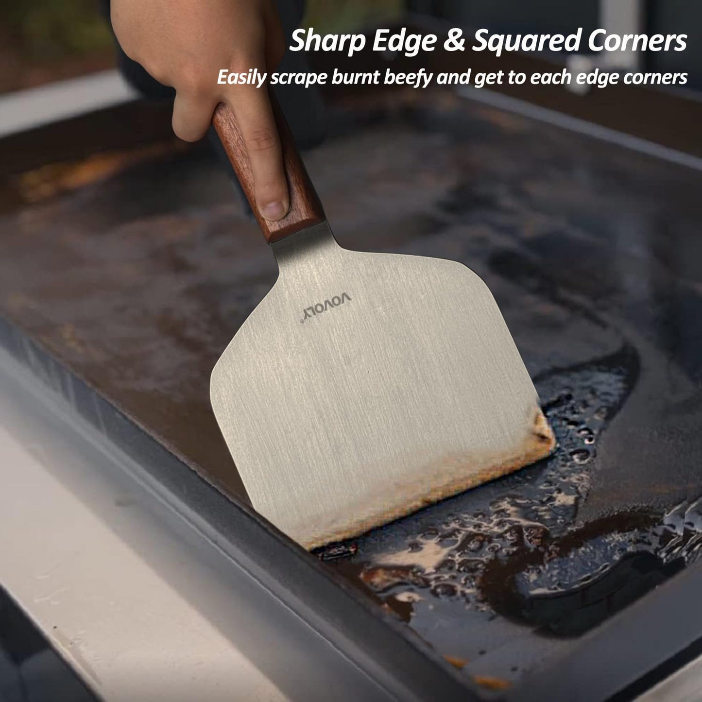 Vovoly Extra Wide Griddle Scraper, 5.5''x5.5'' Smashed Burger Scraper Grill Scraper Spatula Burger Turner - Full Tang Wooden Handle Professional Grade Grill Accessories, Knife Grade Stainless Steel - CookCave