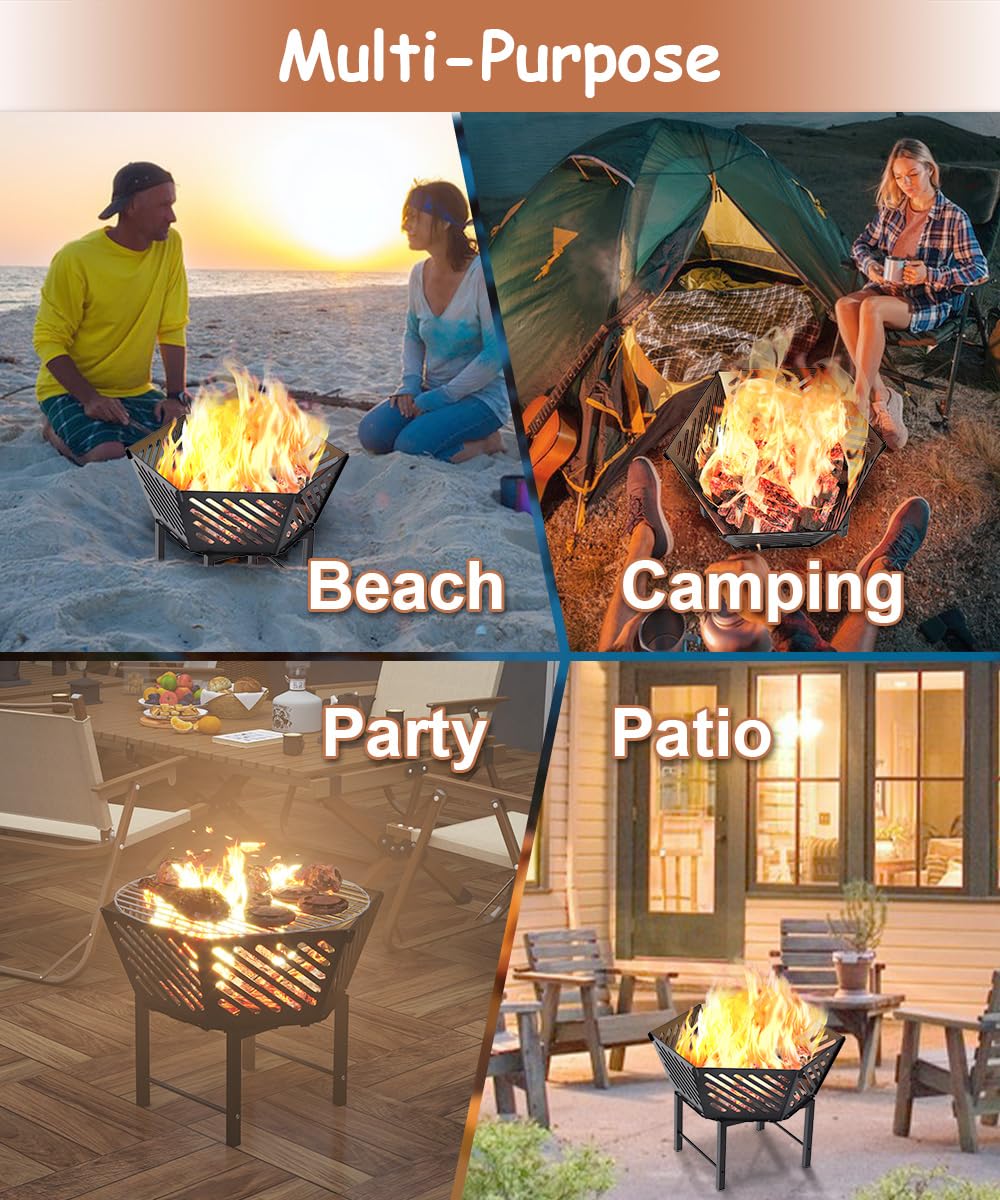 Waaliji 22.5 Inch Portable Plug Fire Pit for Camping, Heightened Detachable Outdoor Wood Burning Firepits for Outside Patio Heating, Picnic, Bonfire and BBQ with Travel Bag, Diagonal Hollow Style - CookCave