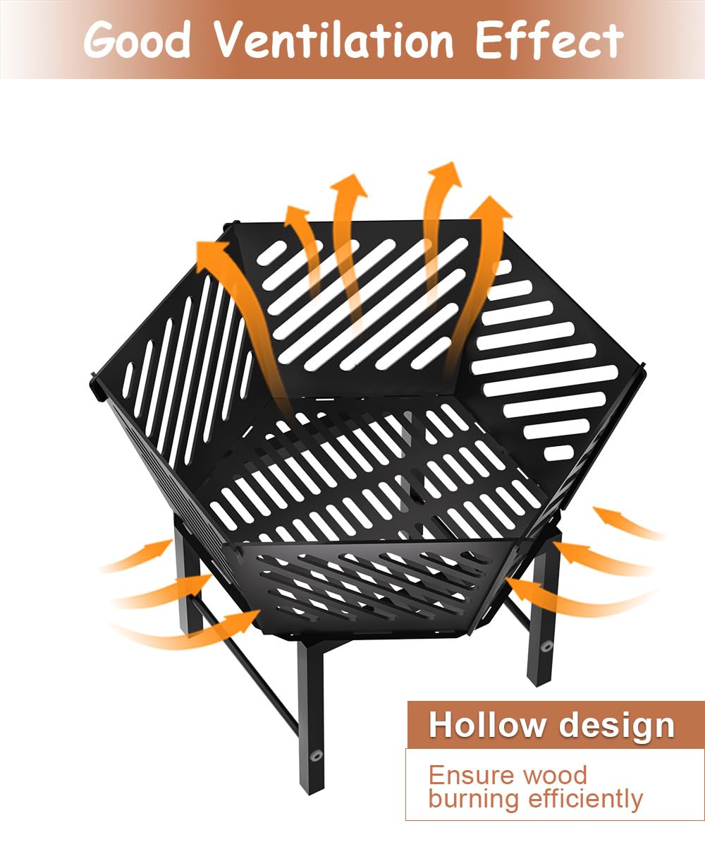 Waaliji 22.5 Inch Portable Plug Fire Pit for Camping, Heightened Detachable Outdoor Wood Burning Firepits for Outside Patio Heating, Picnic, Bonfire and BBQ with Travel Bag, Diagonal Hollow Style - CookCave