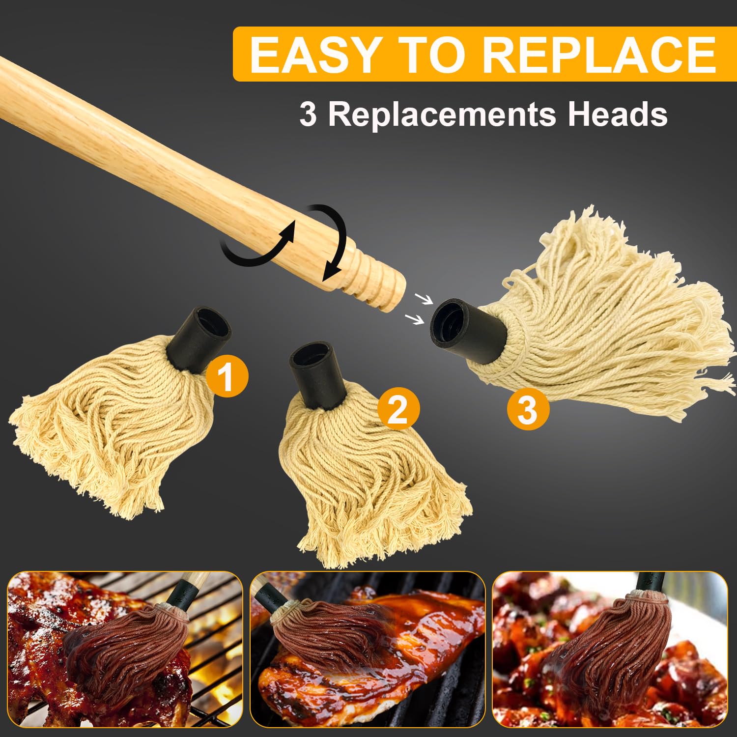 Walfos BBQ Mop Brushes for Sauce, Grilling Basting Mop Wooden Long Handle with 3 Heads, for Grilling, Barbecue, Smoking Steak (18") - CookCave