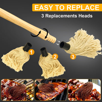 Walfos BBQ Mop Brushes for Sauce, Grilling Basting Mop Wooden Long Handle with 3 Heads, for Grilling, Barbecue, Smoking Steak (18") - CookCave