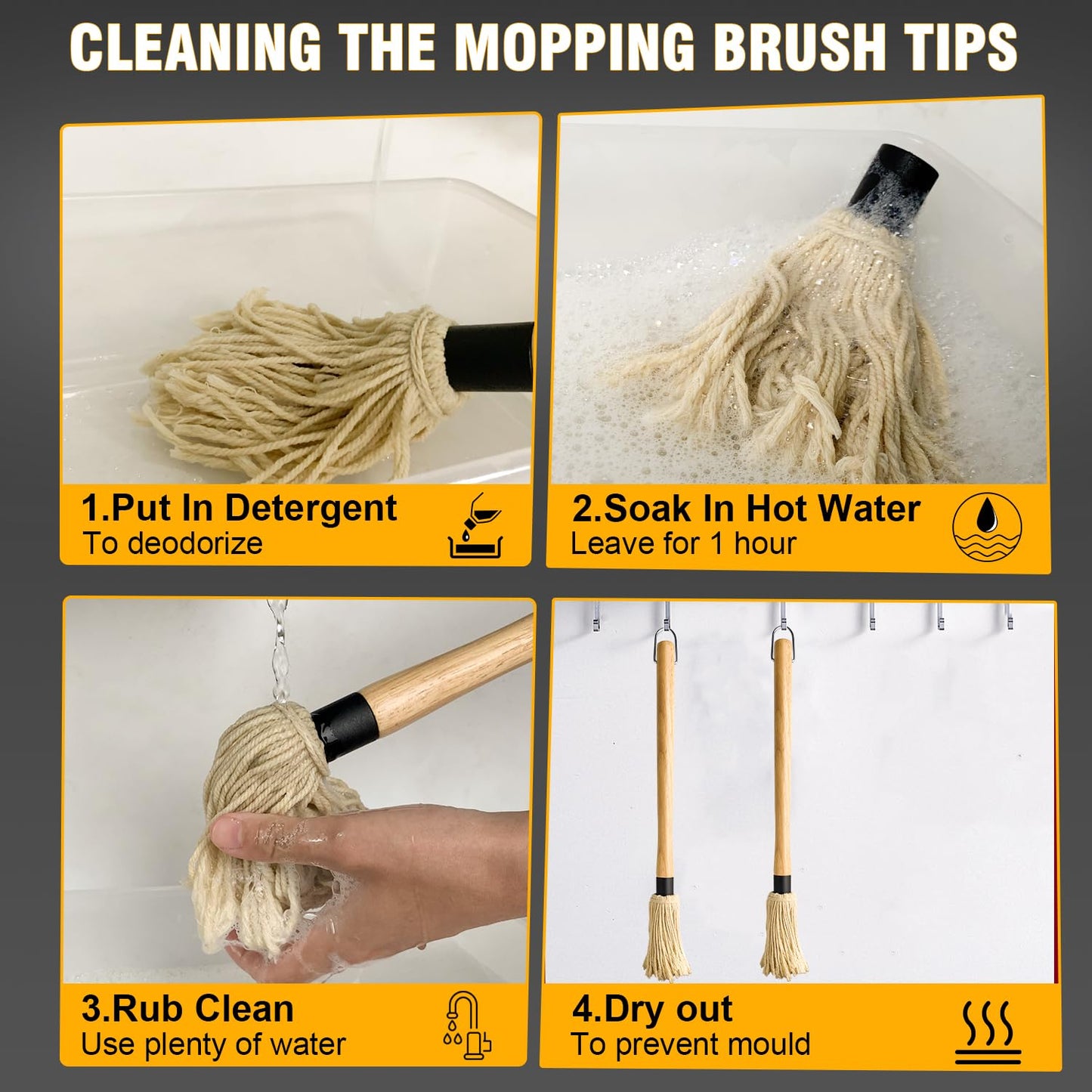 Walfos BBQ Mop Brushes for Sauce, Grilling Basting Mop Wooden Long Handle with 3 Heads, for Grilling, Barbecue, Smoking Steak (18") - CookCave