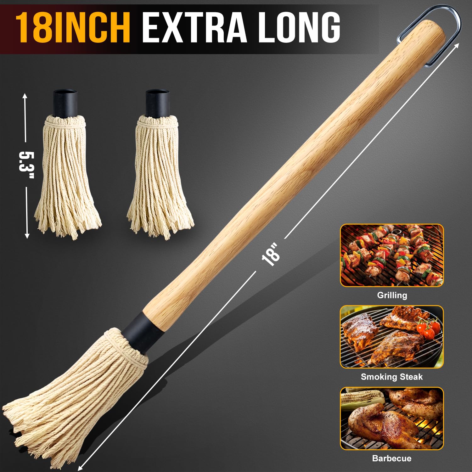 Walfos BBQ Mop Brushes for Sauce, Grilling Basting Mop Wooden Long Handle with 3 Heads, for Grilling, Barbecue, Smoking Steak (18") - CookCave