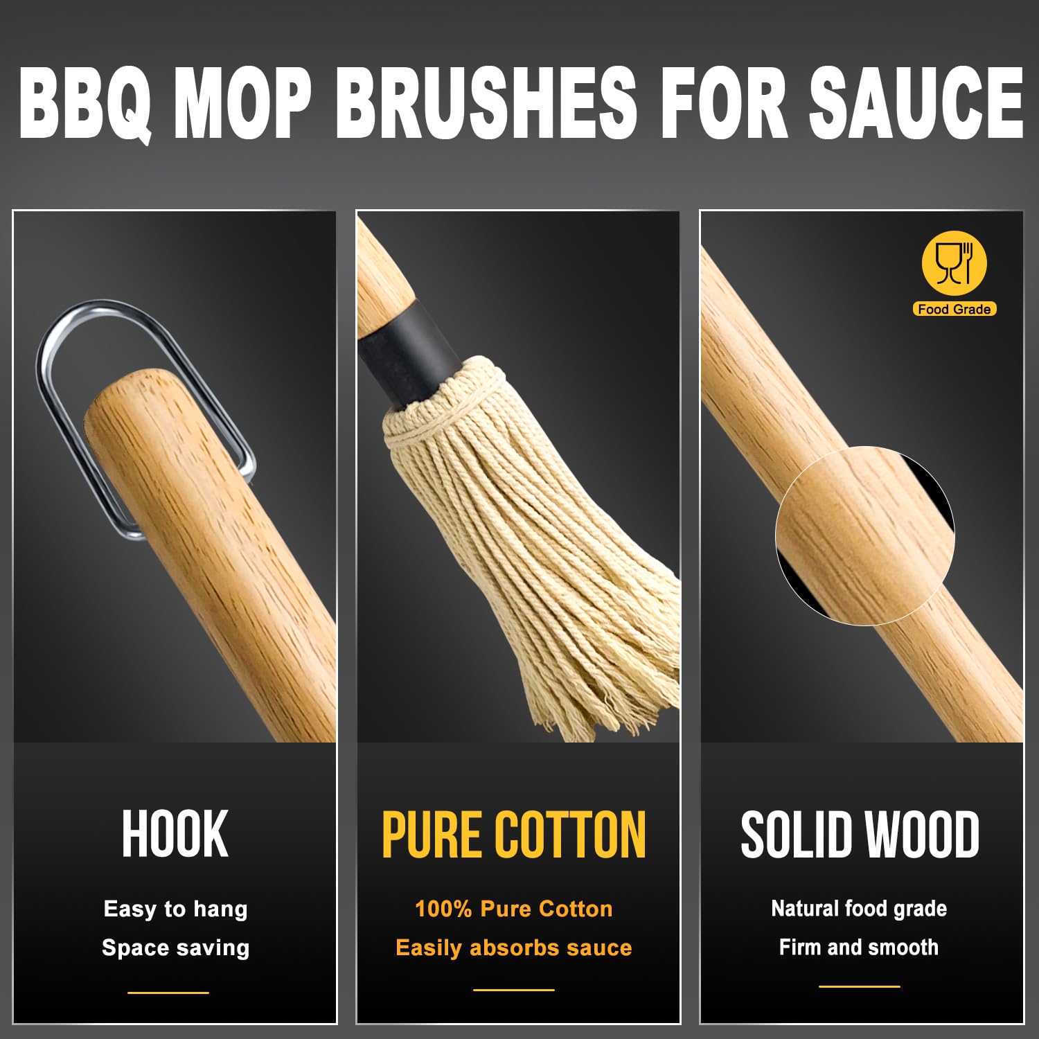 Walfos BBQ Mop Brushes for Sauce, Grilling Basting Mop Wooden Long Handle with 3 Heads, for Grilling, Barbecue, Smoking Steak (18") - CookCave