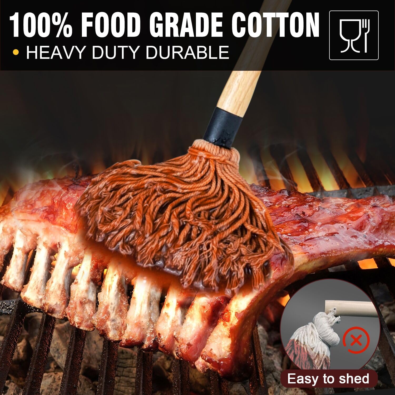 Walfos BBQ Mop Brushes for Sauce, Grilling Basting Mop Wooden Long Handle with 3 Heads, for Grilling, Barbecue, Smoking Steak (18") - CookCave