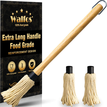 Walfos BBQ Mop Brushes for Sauce, Grilling Basting Mop Wooden Long Handle with 3 Heads, for Grilling, Barbecue, Smoking Steak (18") - CookCave