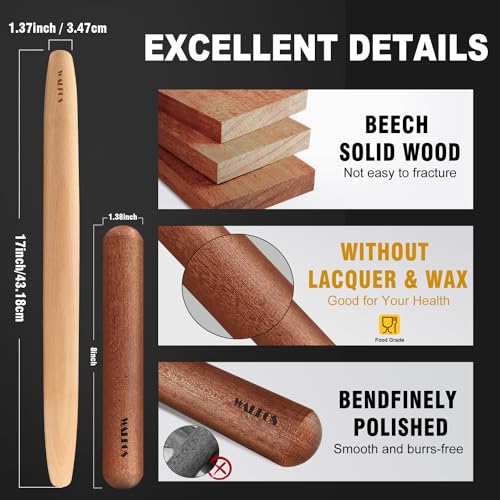 Walfos French Rolling Pin Set - Natural Wooden Rolling Pins (8inch, 15.7inch), Baking Dough Roller for Pizza, Pie, Pasta, Bread, Pastry, No Coating - CookCave