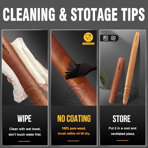Walfos French Rolling Pin Set - Natural Wooden Rolling Pins (8inch, 15.7inch), Baking Dough Roller for Pizza, Pie, Pasta, Bread, Pastry, No Coating - CookCave