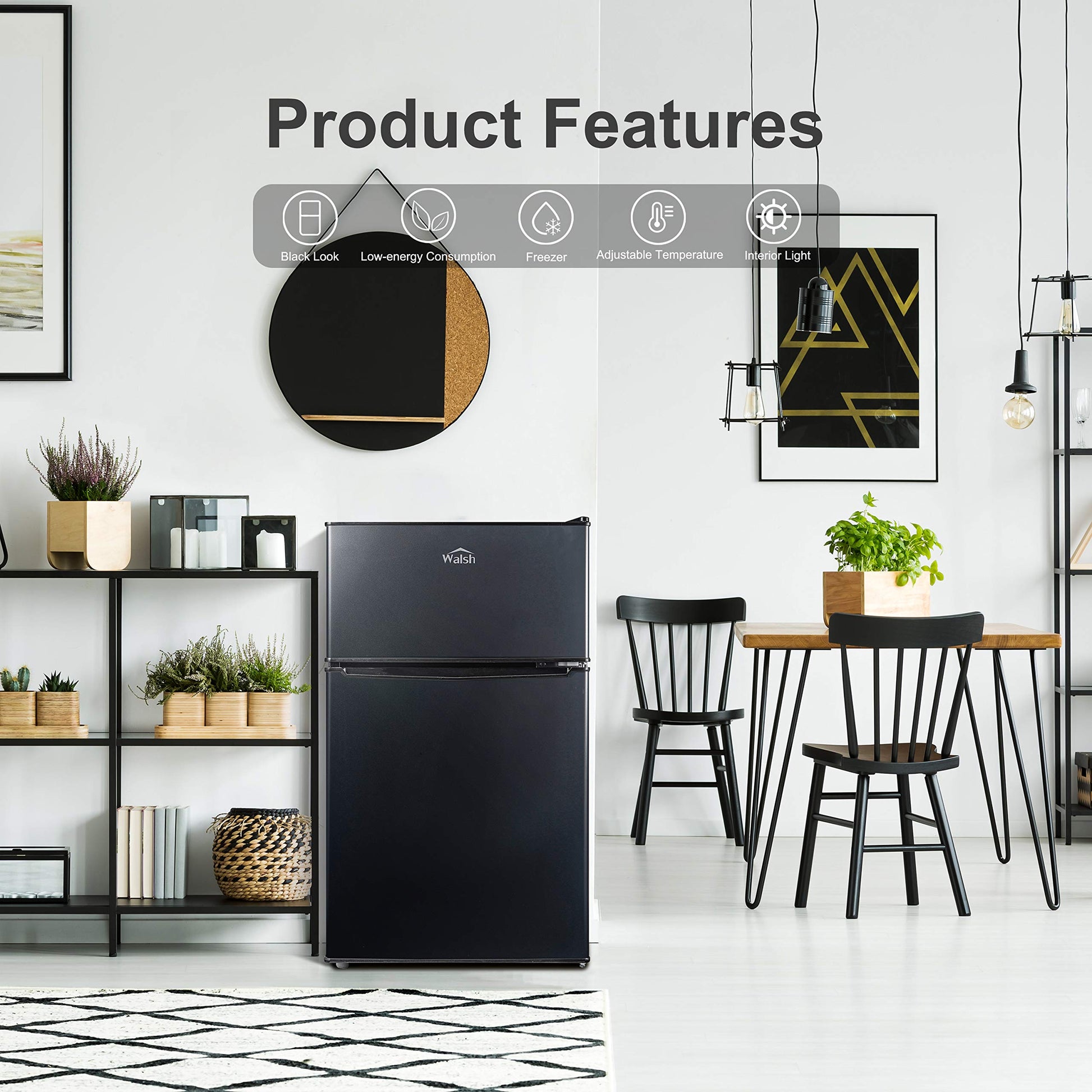 Walsh Compact Refrigerator, Dual Door Fridge, Adjustable Mechanical Thermostat with Freezer, Reversible Doors, 3.1 Cu.Ft, Black - CookCave