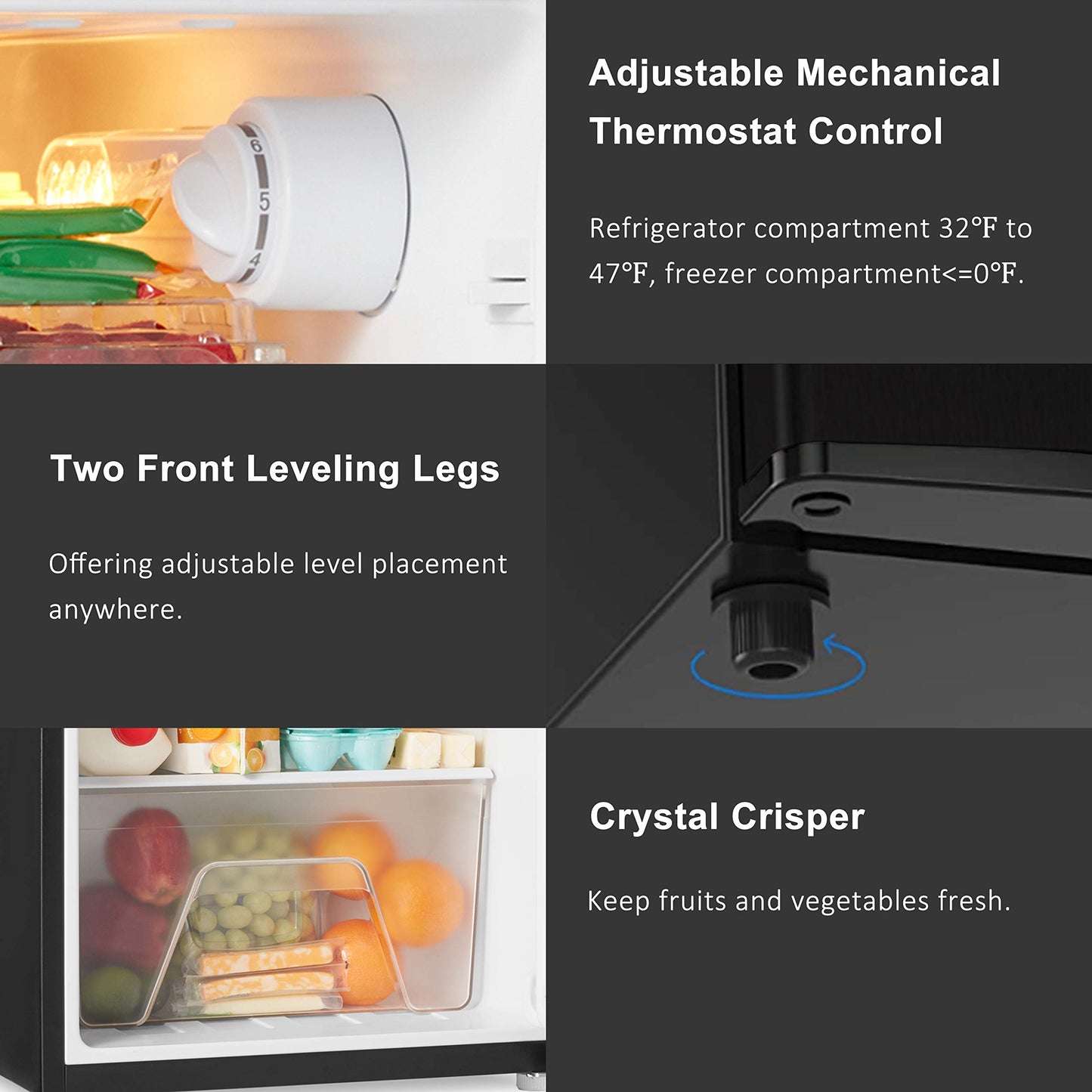 Walsh Compact Refrigerator, Dual Door Fridge, Adjustable Mechanical Thermostat with Freezer, Reversible Doors, 3.1 Cu.Ft, Black - CookCave