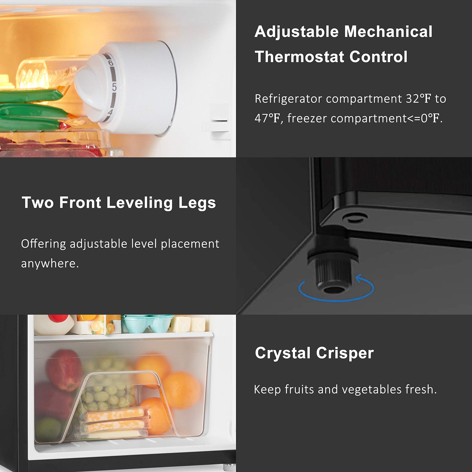 Walsh Compact Refrigerator, Dual Door Fridge, Adjustable Mechanical Thermostat with Freezer, Reversible Doors, 3.1 Cu.Ft, Black - CookCave