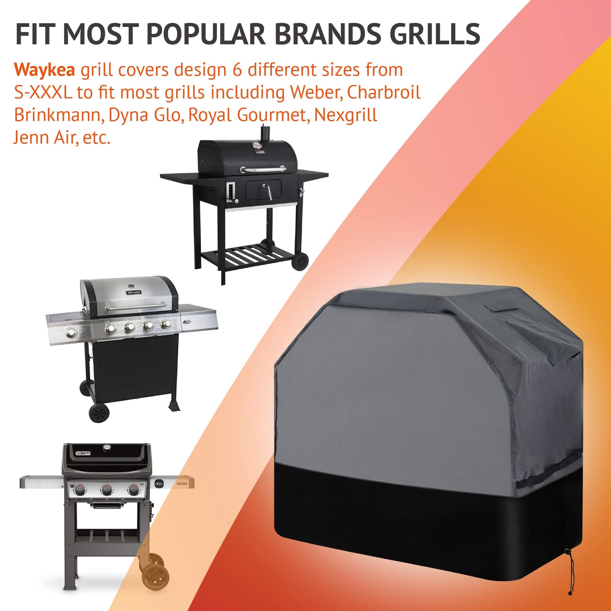Waykea Heavy Duty Grill Cover 56 Inch, 600D Oxford Water Resistant UV & Fade Resistant BBQ Cover for Weber Char-Broil Dyna Glo Nexgrill Charcoal Gas Grill (56”W x 25”D x 45”H, Gray/Black) - CookCave