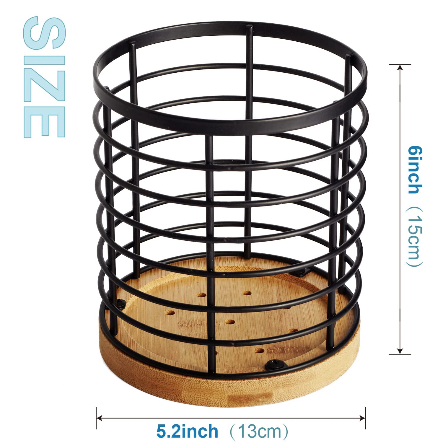 WDT Tool Utensil holder for Kitchen Counter - 5.2" x 5.2" x 6" Large Round with Wooden Base Matte Black Cooking Utensil Holder Utensil Organizer (Metal+Bamboo) - CookCave