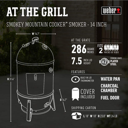 Weber 14-inch Smokey Mountain Cooker, Charcoal Smoker - CookCave