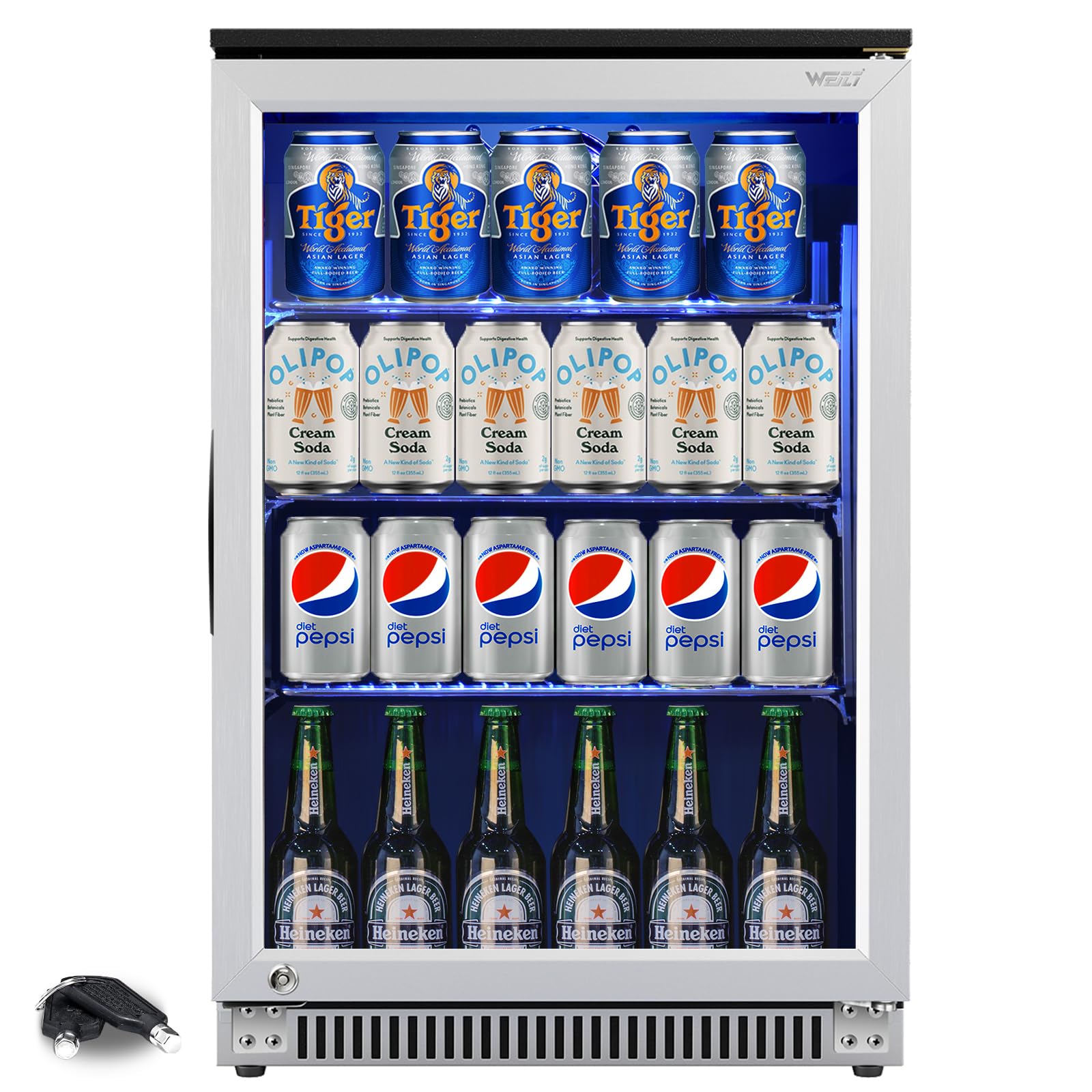 Weili 20 Inch Built in Beverage Refrigerator with Lock, Under Counter or Freestanding 120 Can Soda Beer Drink Cooler Fridge with Stainless Steel and Glass Door - CookCave