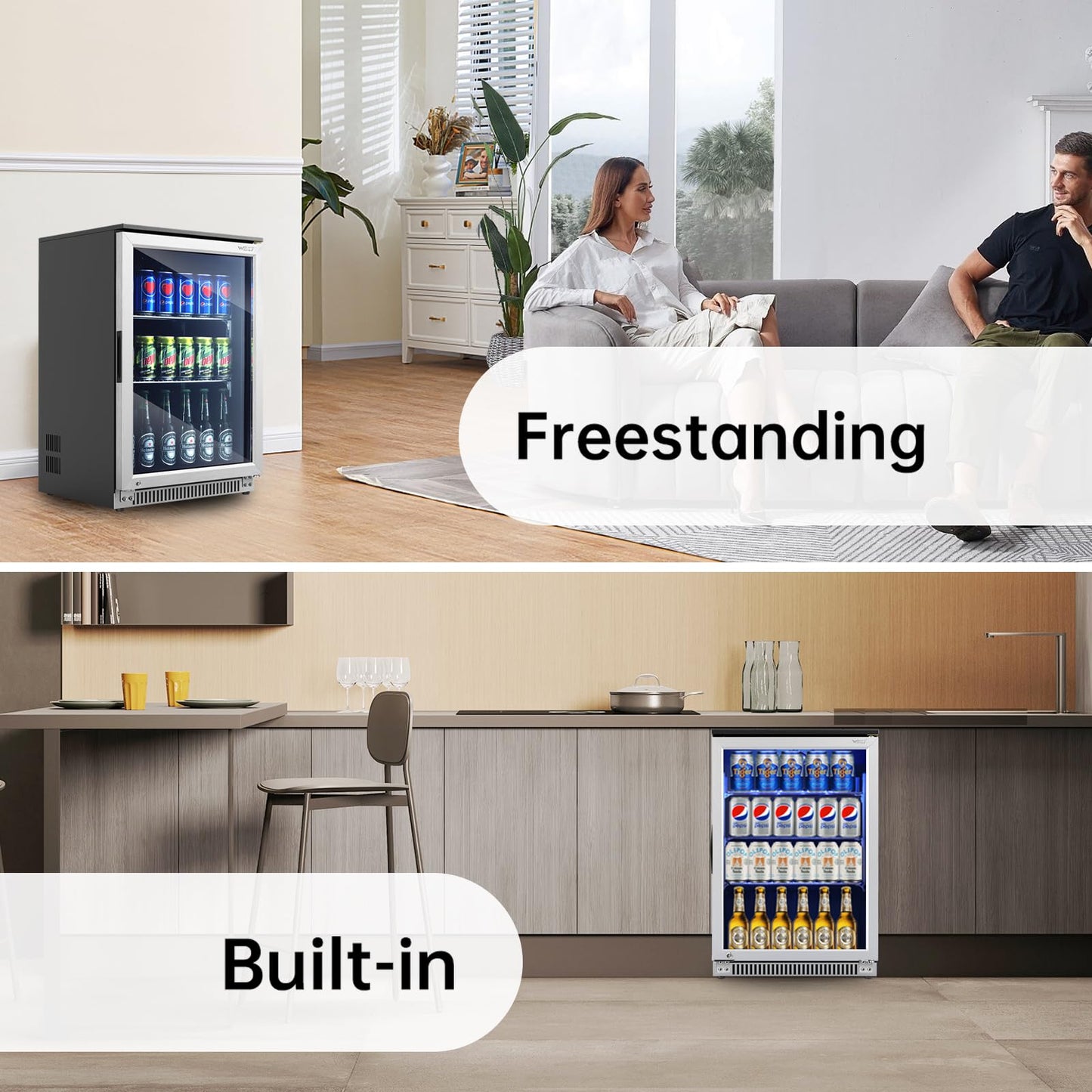 Weili 20 Inch Built in Beverage Refrigerator with Lock, Under Counter or Freestanding 120 Can Soda Beer Drink Cooler Fridge with Stainless Steel and Glass Door - CookCave
