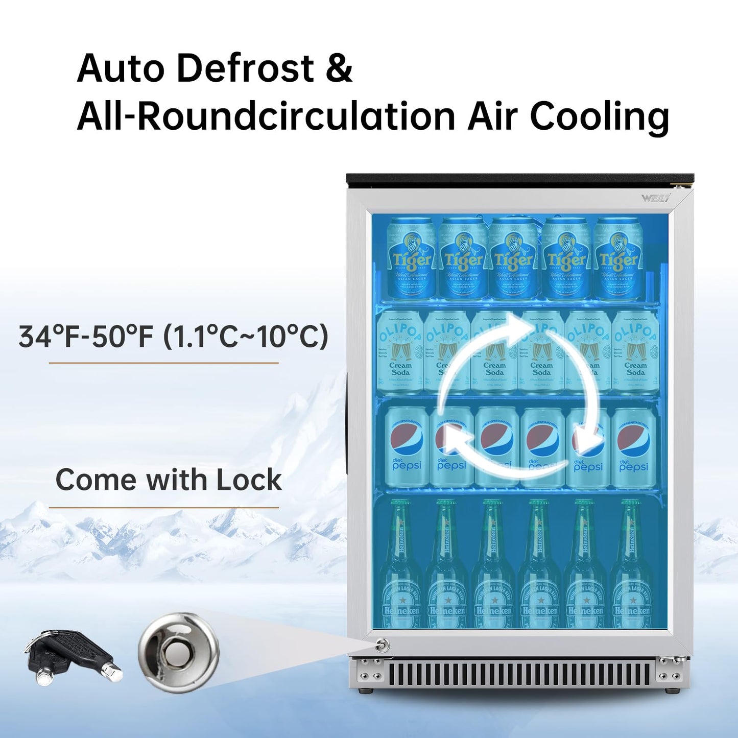 Weili 20 Inch Built in Beverage Refrigerator with Lock, Under Counter or Freestanding 120 Can Soda Beer Drink Cooler Fridge with Stainless Steel and Glass Door - CookCave