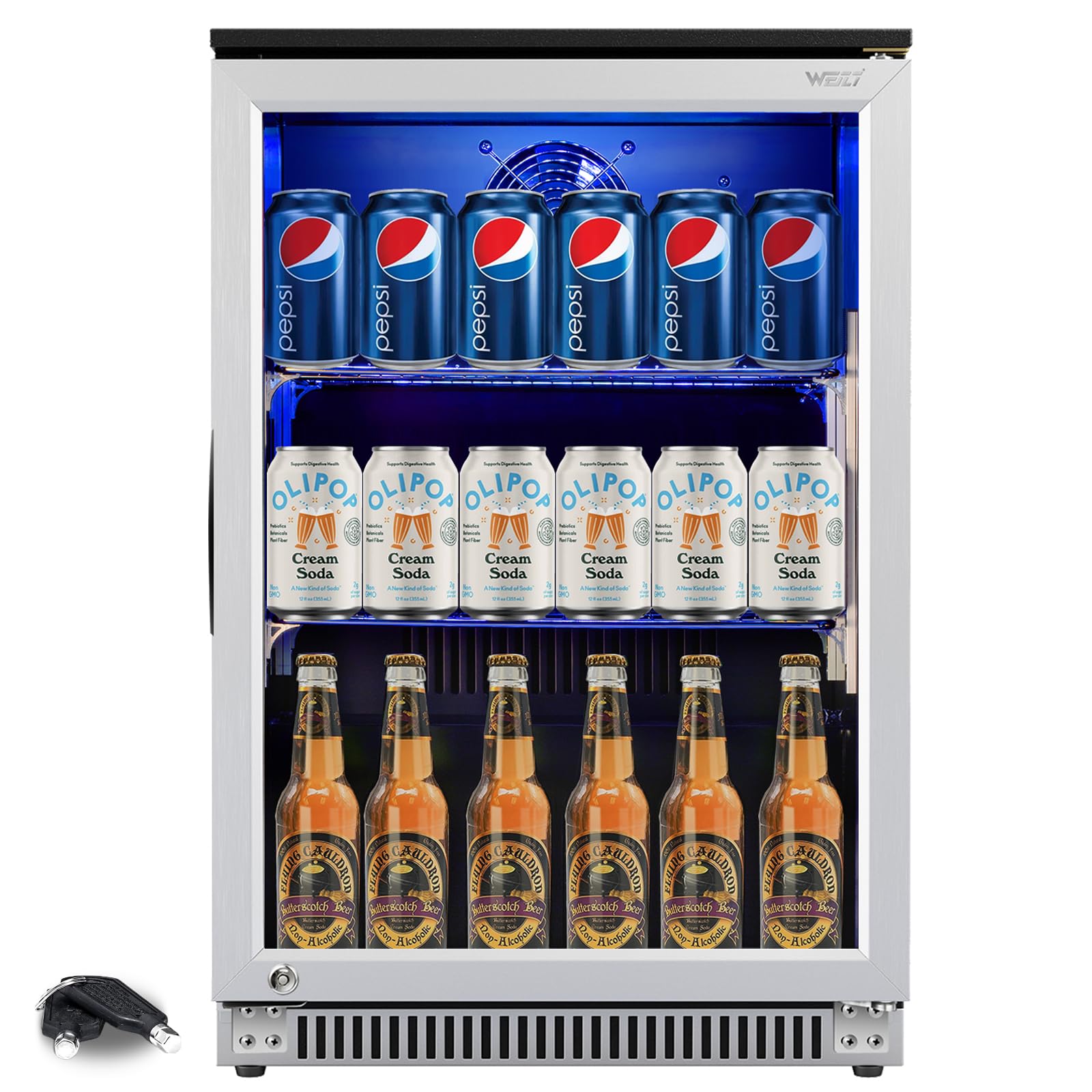 Weili 20 Inch Built in Beverage Refrigerator with Lock, Under Counter or Freestanding 120 Can Soda Beer Drink Cooler Fridge with Stainless Steel and Glass Door - CookCave