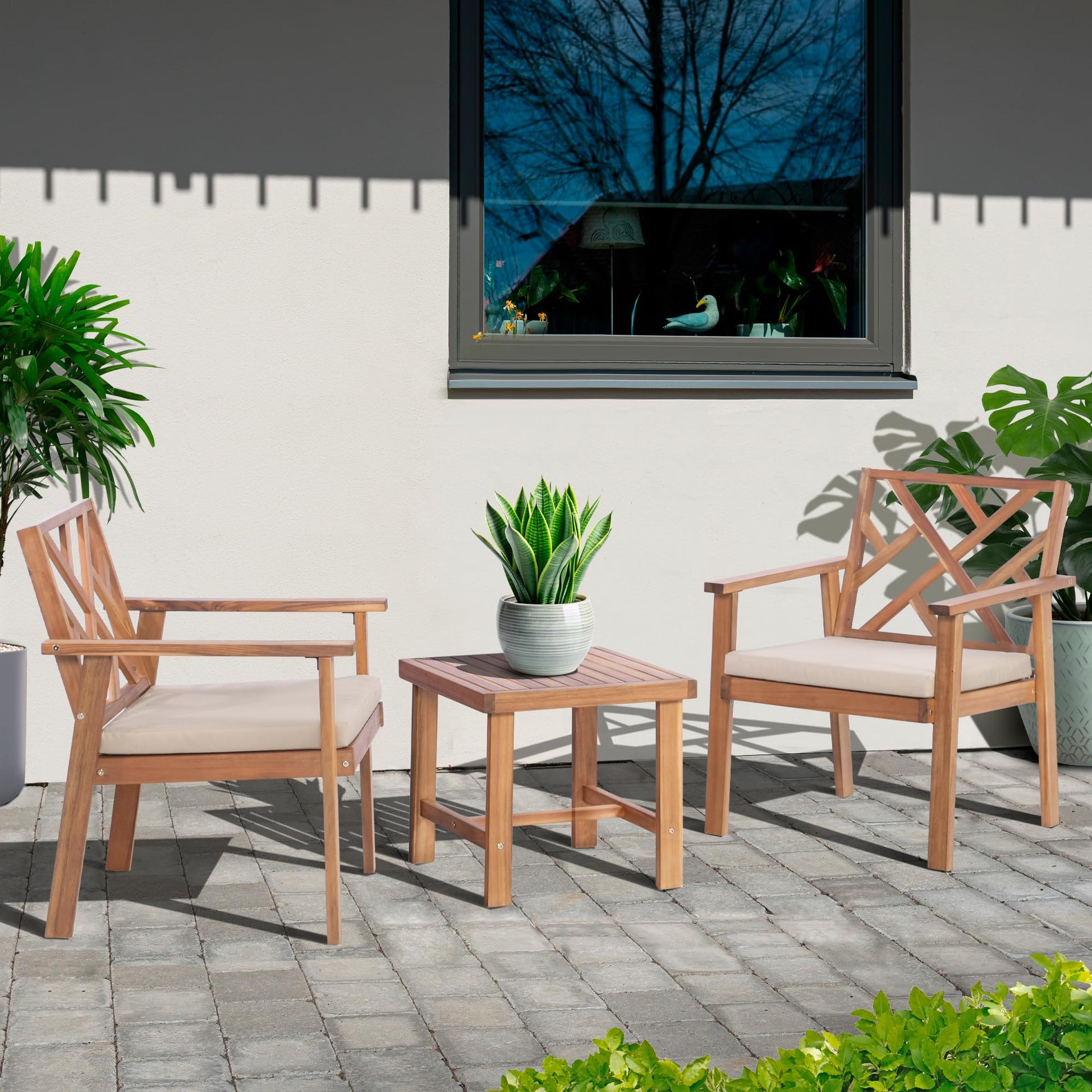 Werph 3 Piece Outdoor Patio Furniture Set, Wooden Conversation Patio Set with Padded Cushion Chairs and Coffee Table, Acacia Wood Lounge Conversation Set for Porch Balcony Deck Backyard - CookCave
