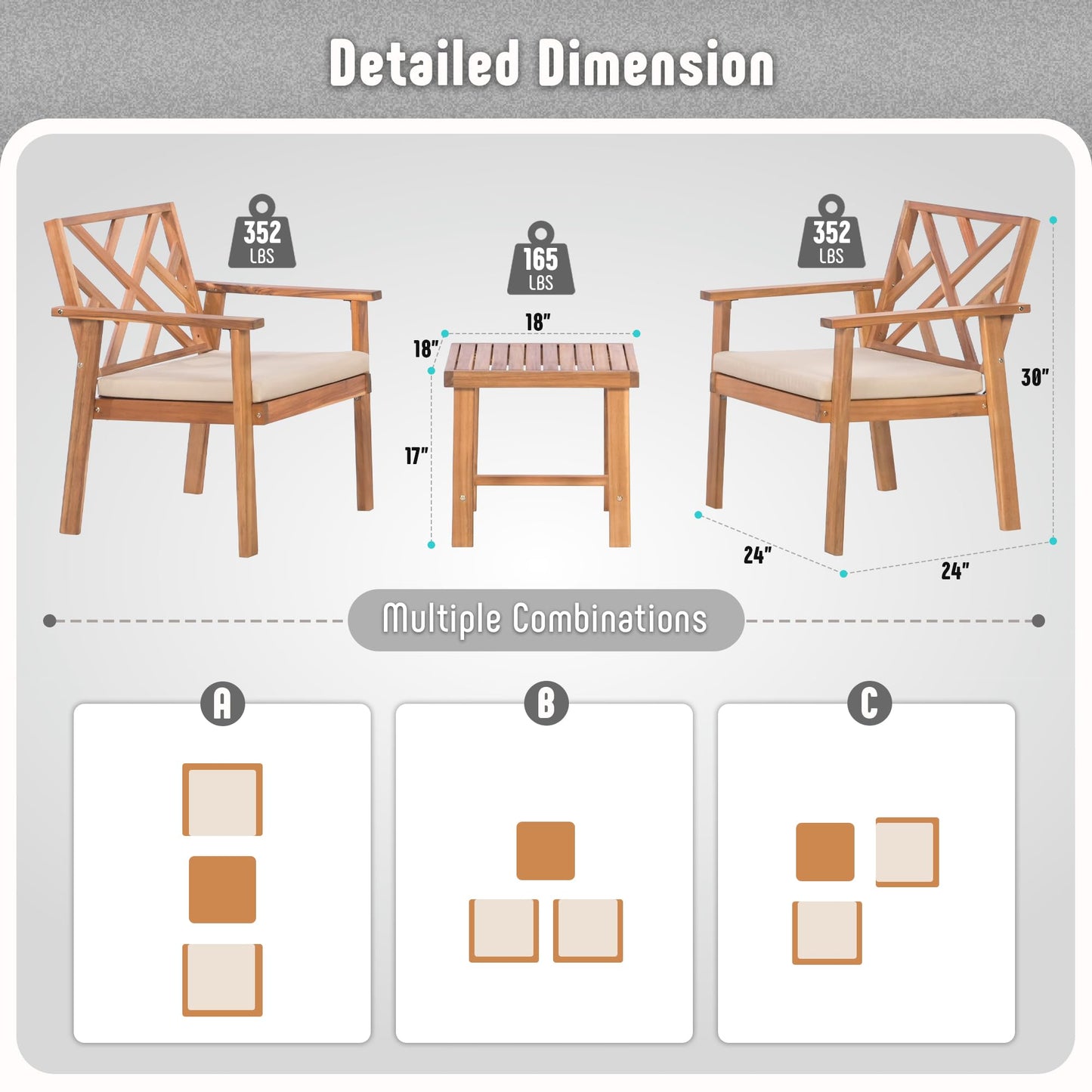 Werph 3 Piece Outdoor Patio Furniture Set, Wooden Conversation Patio Set with Padded Cushion Chairs and Coffee Table, Acacia Wood Lounge Conversation Set for Porch Balcony Deck Backyard - CookCave