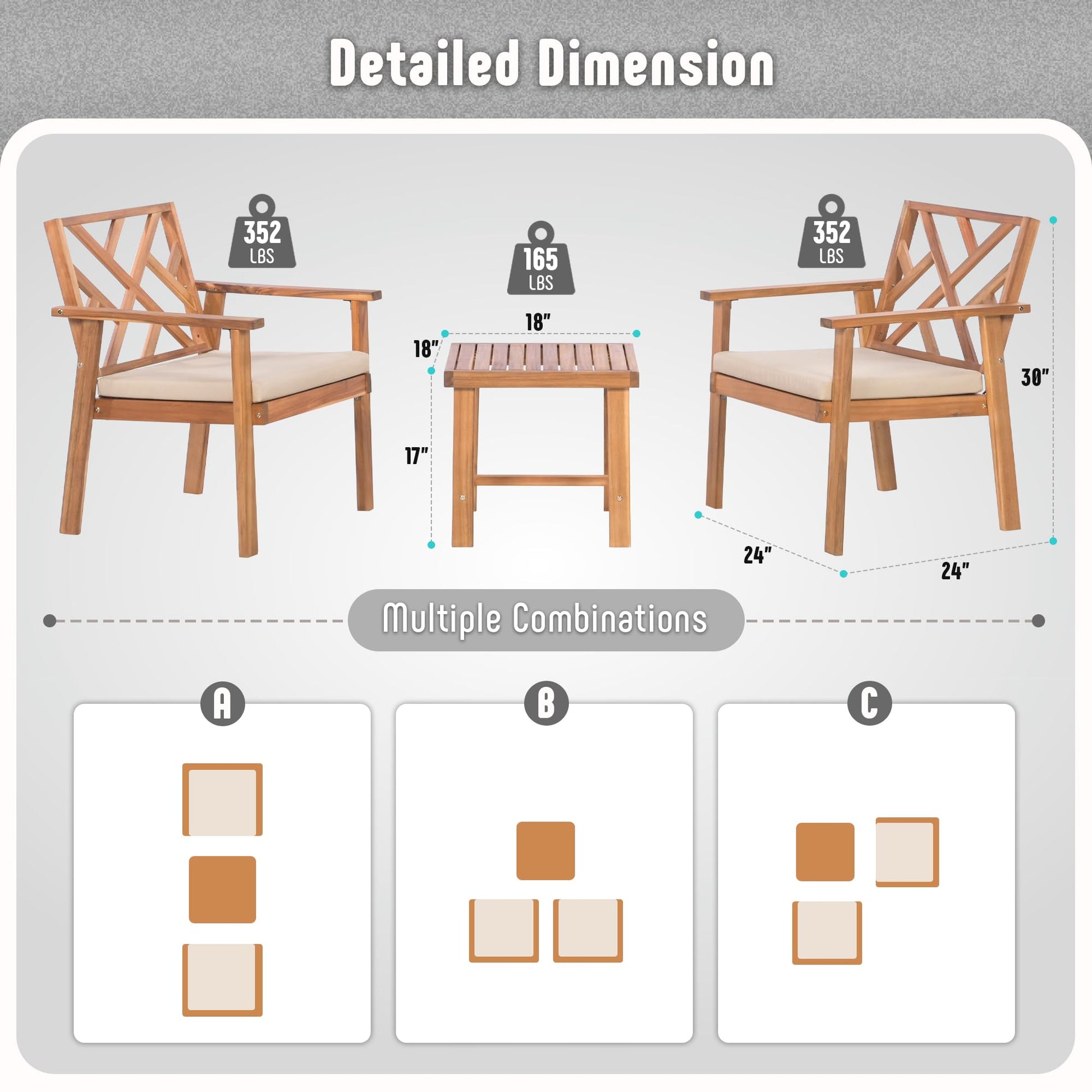 Werph 3 Piece Outdoor Patio Furniture Set, Wooden Conversation Patio Set with Padded Cushion Chairs and Coffee Table, Acacia Wood Lounge Conversation Set for Porch Balcony Deck Backyard - CookCave