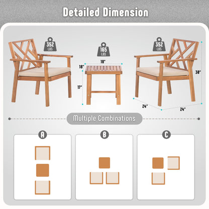 Werph 3 Piece Outdoor Patio Furniture Set, Wooden Conversation Patio Set with Padded Cushion Chairs and Coffee Table, Acacia Wood Lounge Conversation Set for Porch Balcony Deck Backyard - CookCave