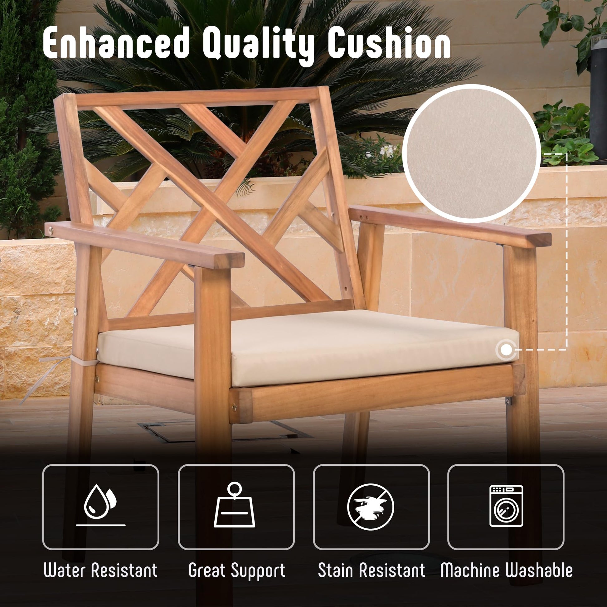 Werph 3 Piece Outdoor Patio Furniture Set, Wooden Conversation Patio Set with Padded Cushion Chairs and Coffee Table, Acacia Wood Lounge Conversation Set for Porch Balcony Deck Backyard - CookCave