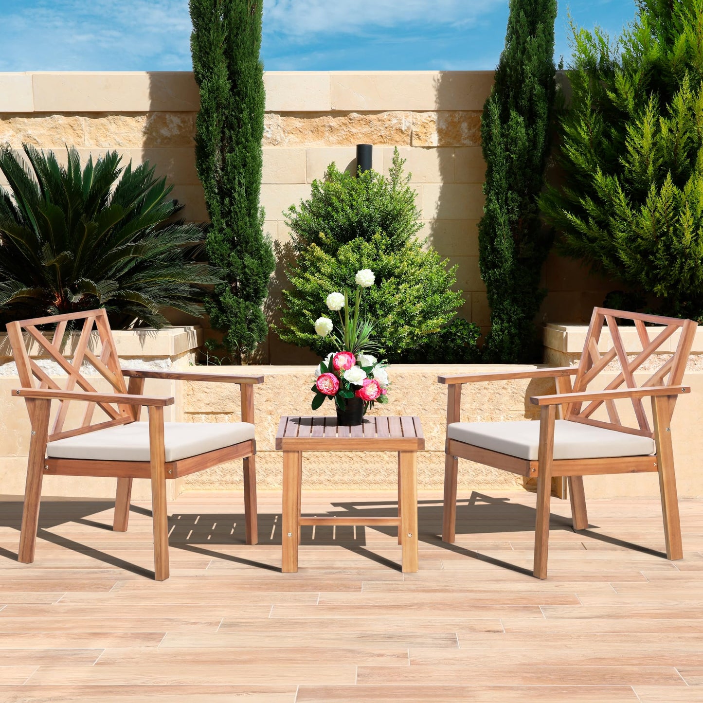 Werph 3 Piece Outdoor Patio Furniture Set, Wooden Conversation Patio Set with Padded Cushion Chairs and Coffee Table, Acacia Wood Lounge Conversation Set for Porch Balcony Deck Backyard - CookCave