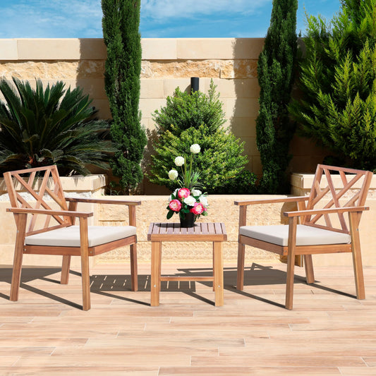 Werph 3 Piece Outdoor Patio Furniture Set, Wooden Conversation Patio Set with Padded Cushion Chairs and Coffee Table, Acacia Wood Lounge Conversation Set for Porch Balcony Deck Backyard - CookCave