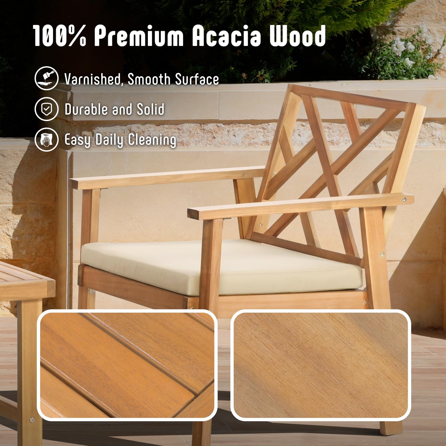 Werph 3 Piece Outdoor Patio Furniture Set, Wooden Conversation Patio Set with Padded Cushion Chairs and Coffee Table, Acacia Wood Lounge Conversation Set for Porch Balcony Deck Backyard - CookCave