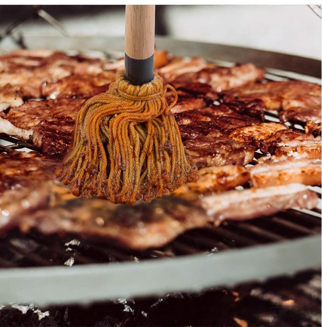 WHTCHSU 11.2 Inch Grill Basting Mop Wooden Long Handle with 1 Extra Replacement Heads for BBQ Grilling Smoking Steak - CookCave