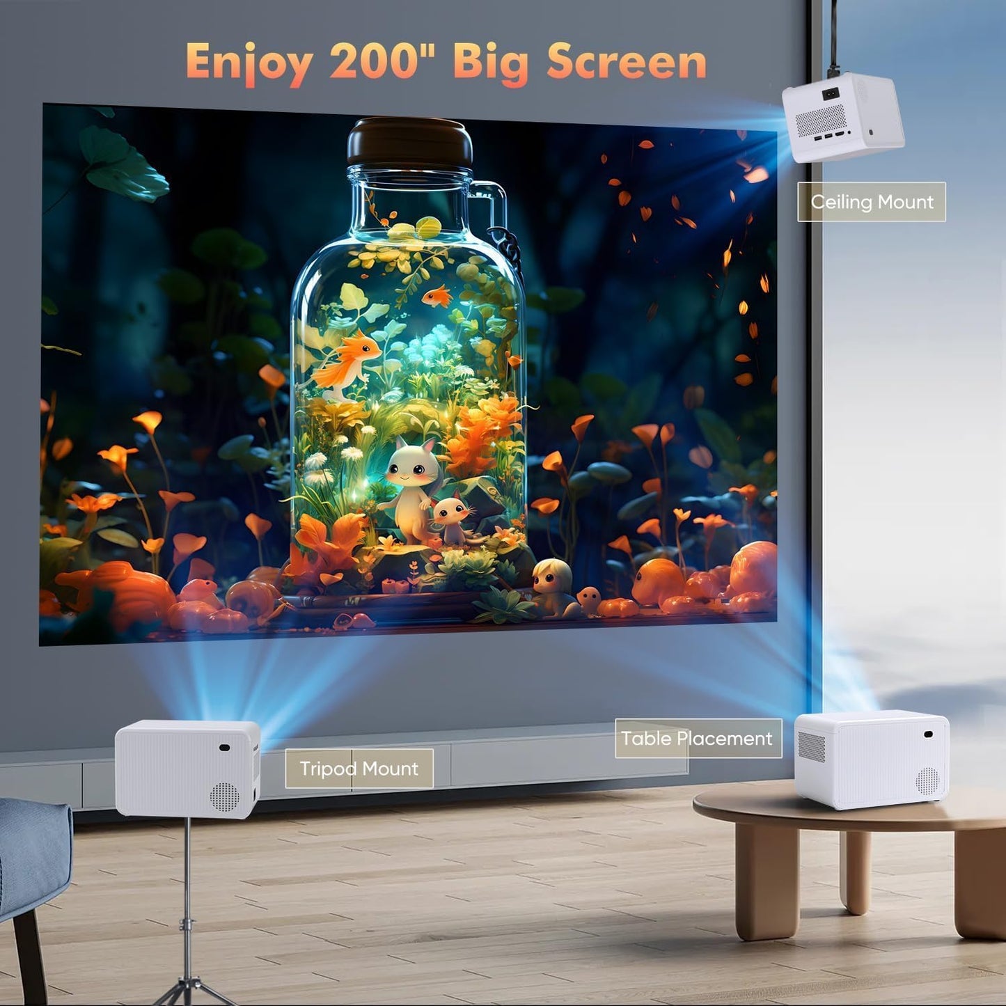 Wielio Projector with WiFi and Bluetooth Native 1080P Full HD Projector 18000 Lumens Outdoor 200" Projection Screen Video Movie Proyector Compatible with Smartphone, HDMI,USB,AV,Fire Stick, PS5, White - CookCave