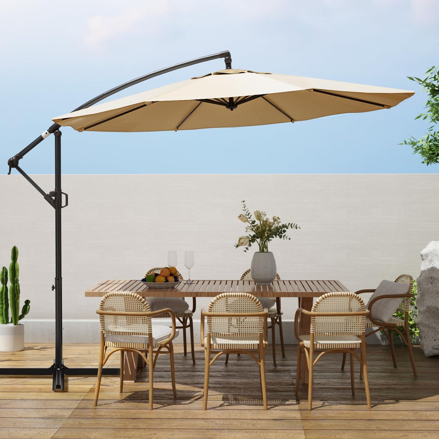 wikiwiki 10ft Patio Umbrellas Offset Outdoor Cantilever Hanging Umbrella w/Infinite Tilt, Fade Resistant Waterproof Recycled Fabric Canopy for Yard, Garden & Deck, Beige - CookCave