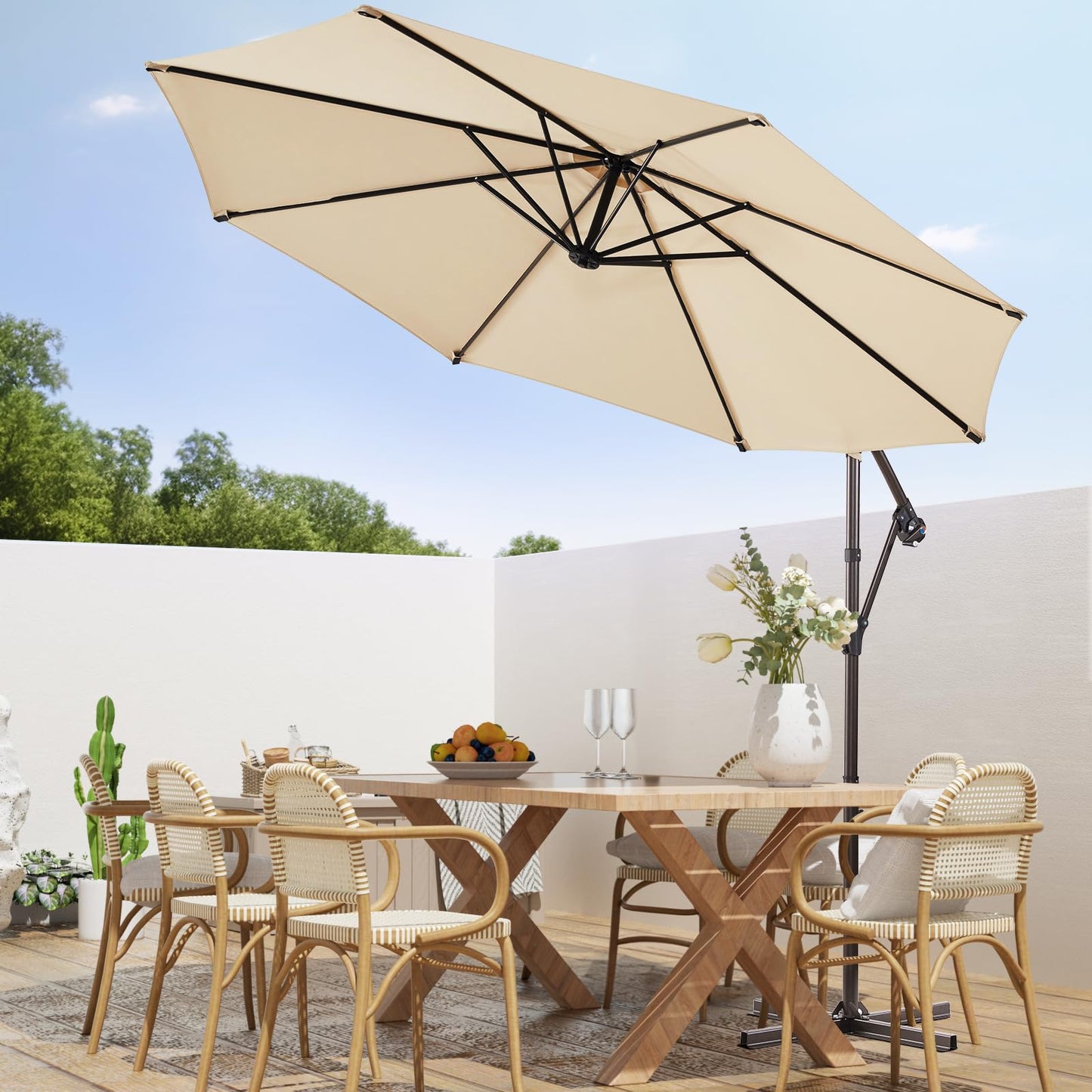 wikiwiki 10ft Patio Umbrellas Offset Outdoor Cantilever Hanging Umbrella w/Infinite Tilt, Fade Resistant Waterproof Recycled Fabric Canopy for Yard, Garden & Deck, Beige - CookCave