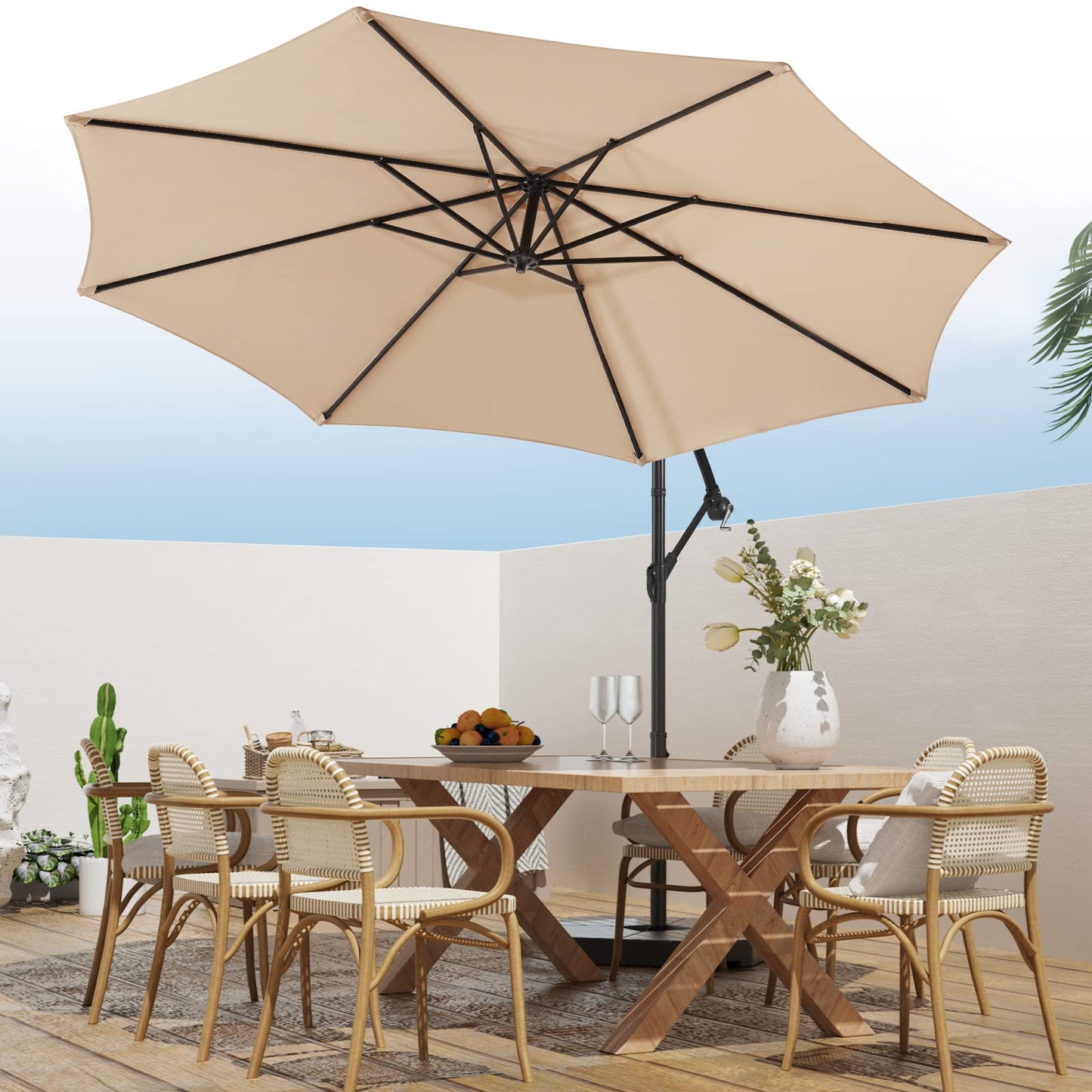 wikiwiki 10ft Patio Umbrellas Offset Outdoor Umbrella Cantilever Hanging Umbrellas w/Infinite Tilt, Fade Resistant Waterproof RECYCLED FABRIC Canopy & Cross Base, for Yard, Garden & Deck, Cream Beige - CookCave