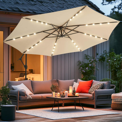 wikiwiki 10ft Solar LED Offset Hanging Market Cantilever Patio Umbrella for Backyard, Poolside, Lawn and Garden, Easy Tilt Adjustment, Polyester Shade & Cross Base, Beige - CookCave