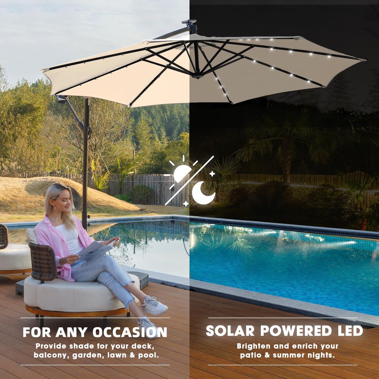 wikiwiki 10ft Solar LED Offset Hanging Market Cantilever Patio Umbrella for Backyard, Poolside, Lawn and Garden, Easy Tilt Adjustment, Polyester Shade & Cross Base, Beige - CookCave