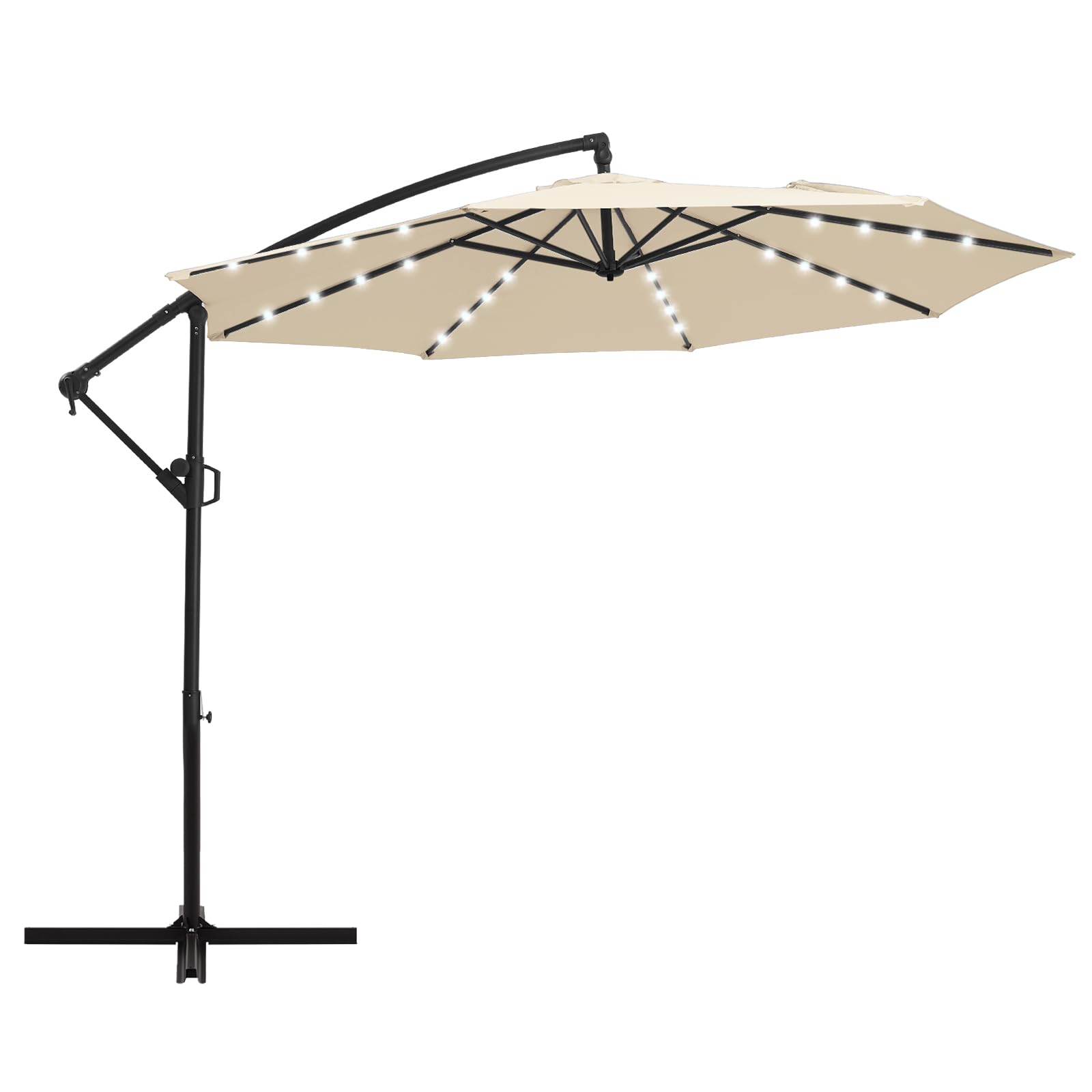wikiwiki 10ft Solar LED Offset Hanging Market Cantilever Patio Umbrella for Backyard, Poolside, Lawn and Garden, Easy Tilt Adjustment, Polyester Shade & Cross Base, Beige - CookCave